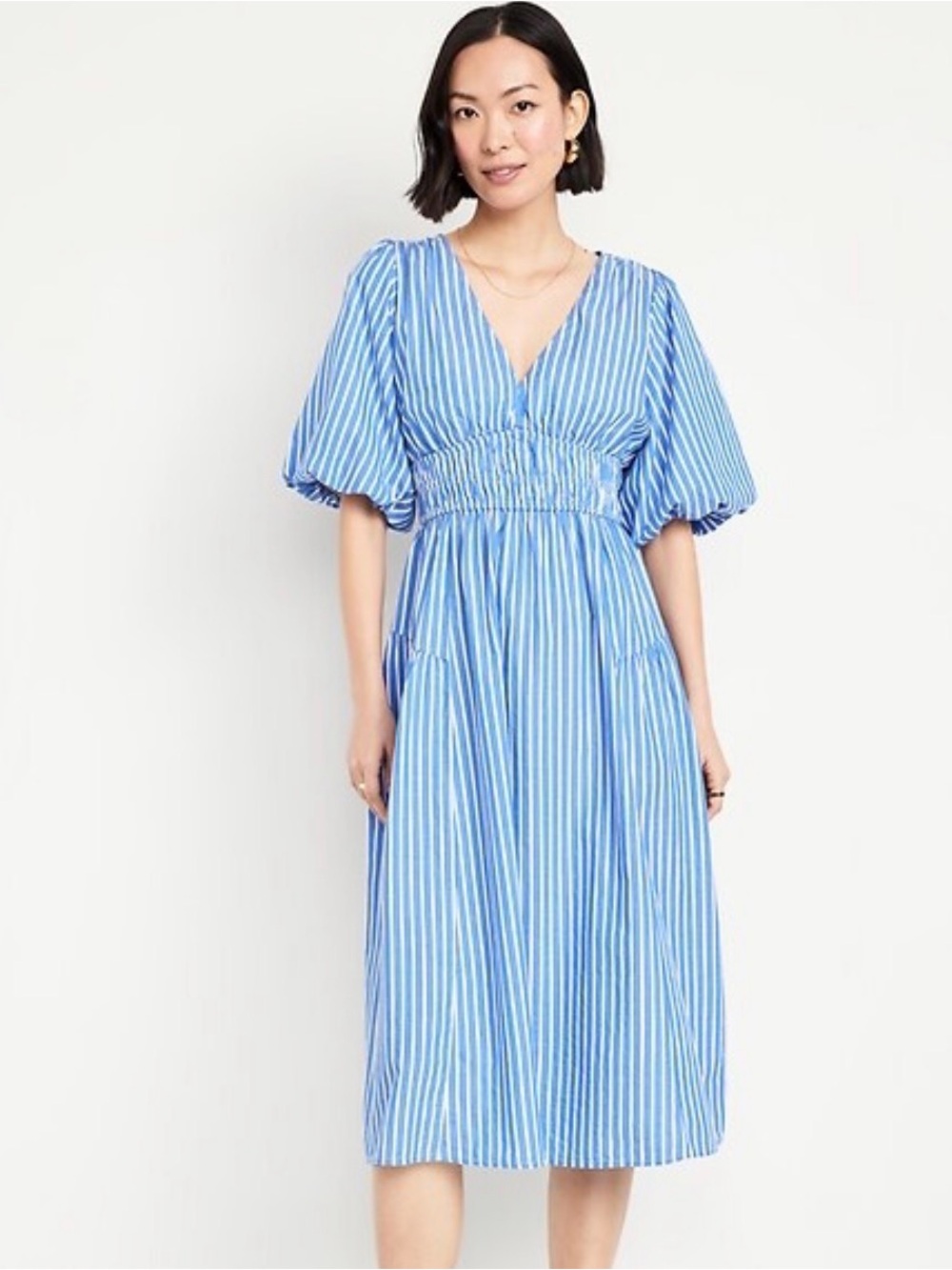 Blue and White Striped Cotton Smocked-Waist Midi Dress